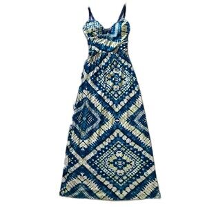 Allison Brittney Dress Size M Maxi Halter Sleeveless Tie Dye White Navy Y2K